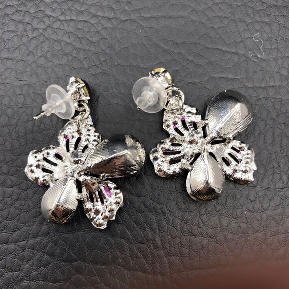 Rhinestone Flower Earrings Purple Crystal Silver Tone Statement Bridal Prom Stud - Picture 3 of 7